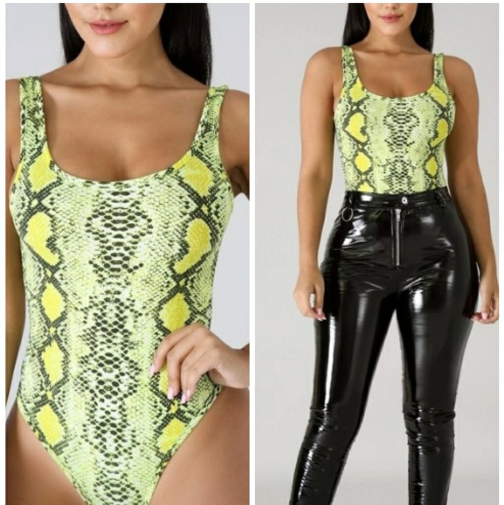 DAISY Neon Yellow Tank Top Snake Print Bodysuit
